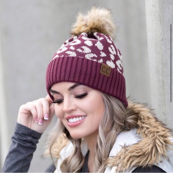 Burgundy C.C leopard furry pom hat women’s winter warm cozy beanie hat - Picture 2 of 4